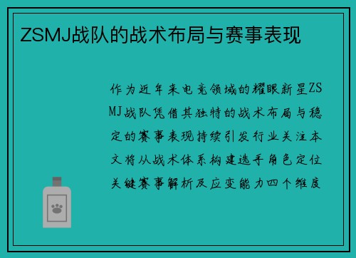 ZSMJ战队的战术布局与赛事表现